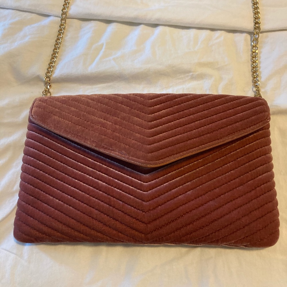 Pink velvet clutch with gold chain strap